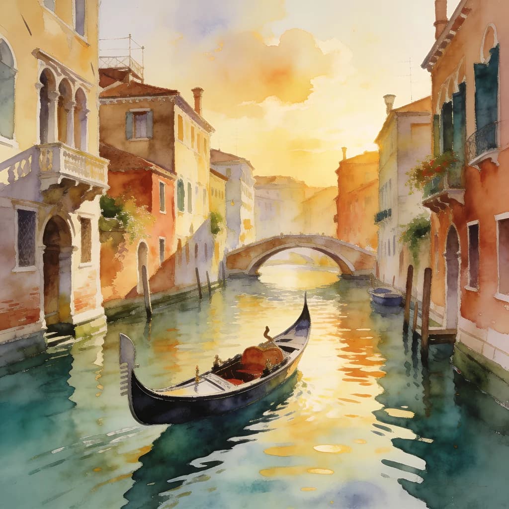 Peinture à l'aquarelle générée par IA d'un canal vénitien à l'heure dorée