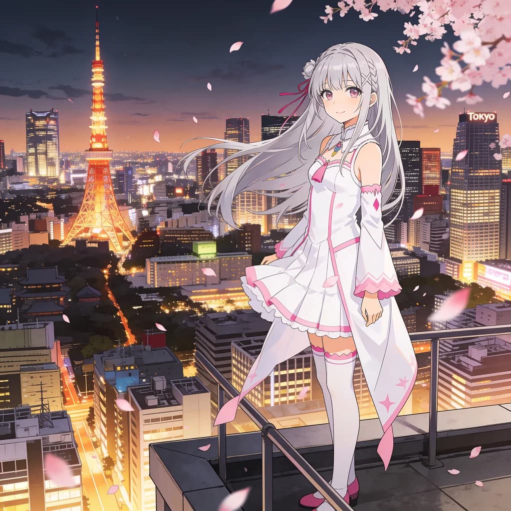 Illustration anime générée par IA d'une fille aux cheveux argentés sur un toit de Tokyo au crépuscule