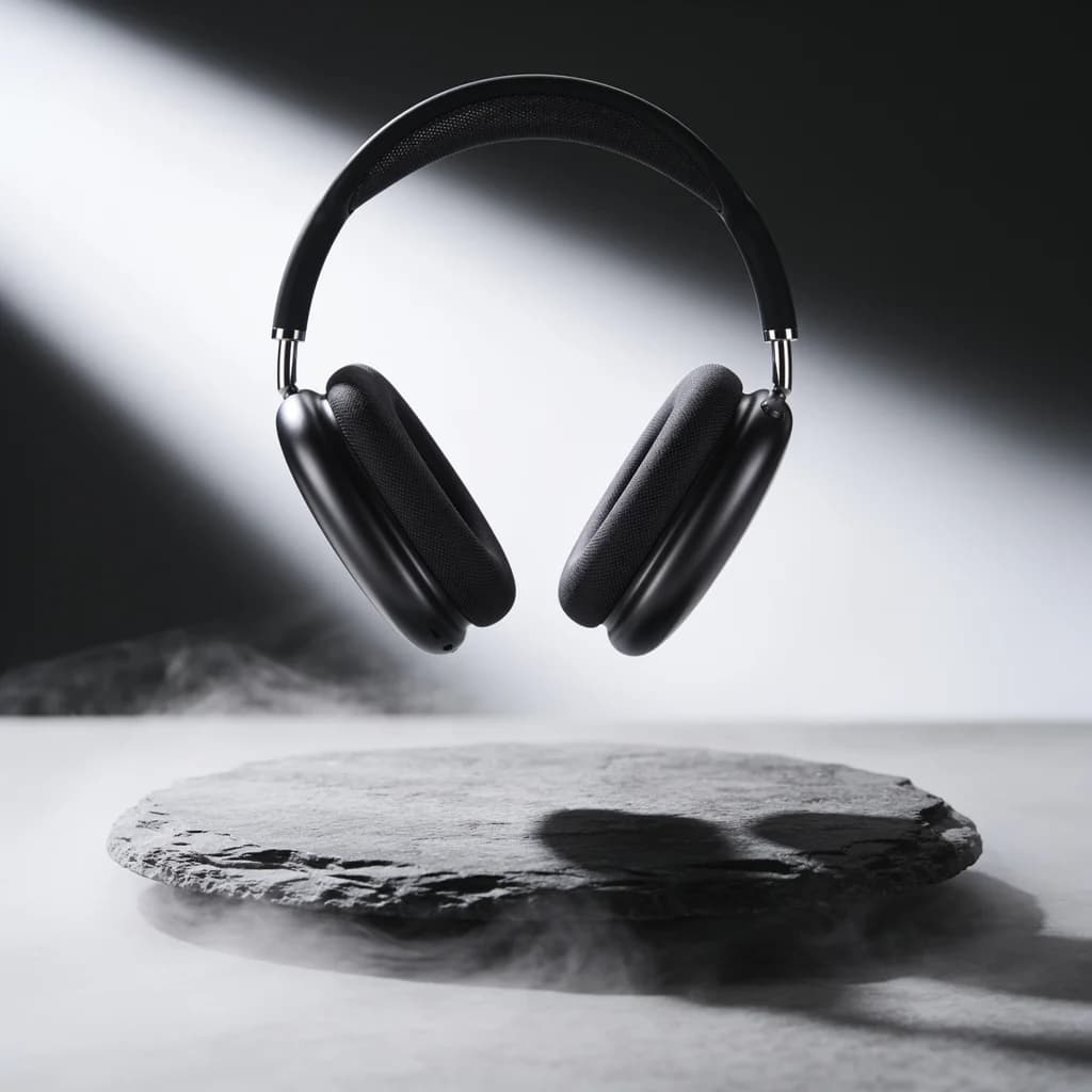 Photo de produit générée par IA d'un casque audio sans fil noir mat flottant au-dessus d'une ardoise